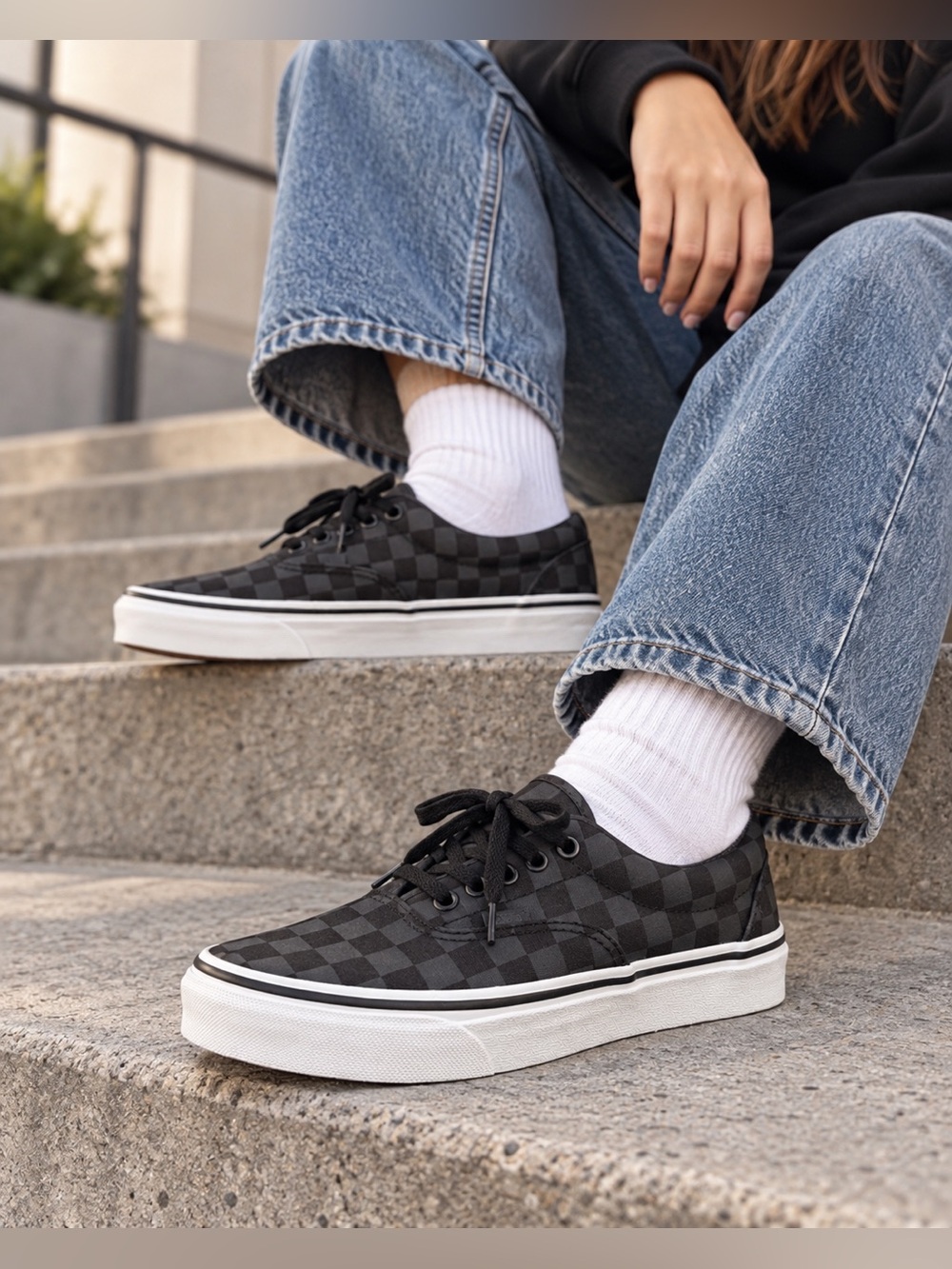Vans Checkerboard Canvas Low-Top Sneakers - Black & Gray - Picture 1 of 13